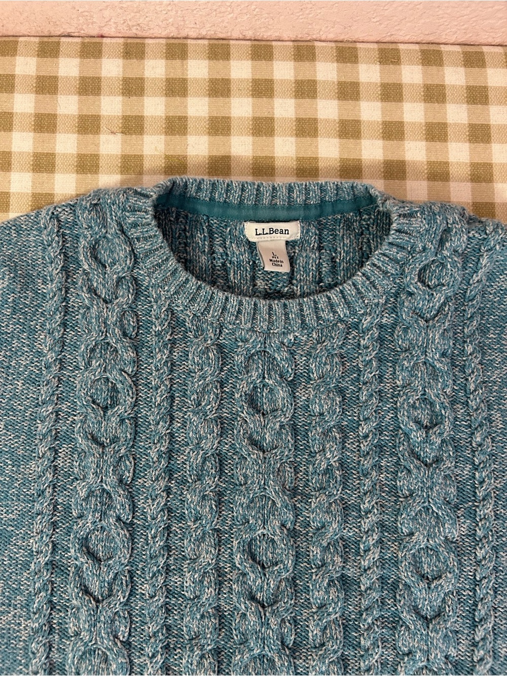 L.L. Bean Women's Heathered Teal Cable Crewneck Sweater 100% Cotton